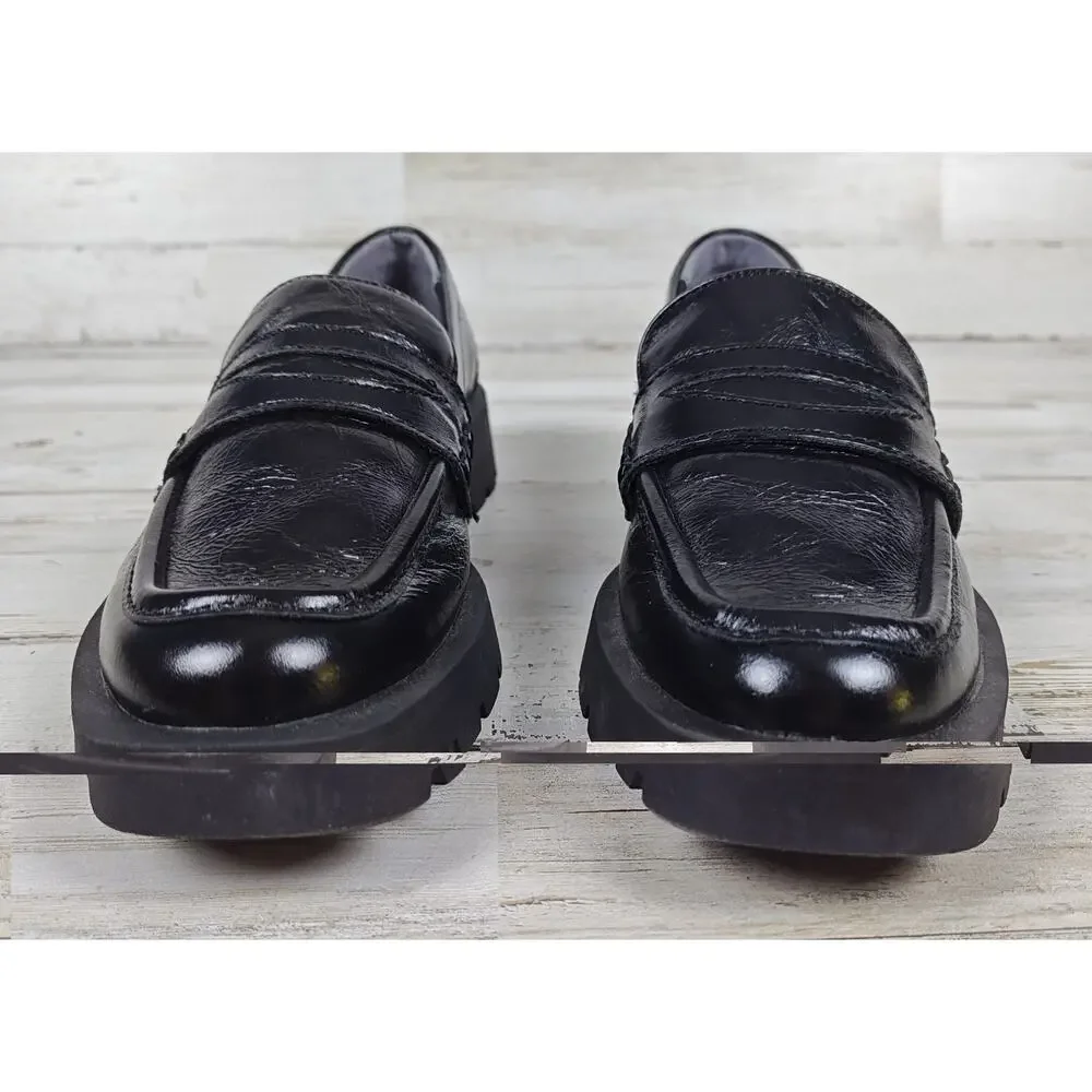 DOLCE VITA Black Patent Crinkle Leather Lug Sole Loafers Wmns 5.5 Slip On